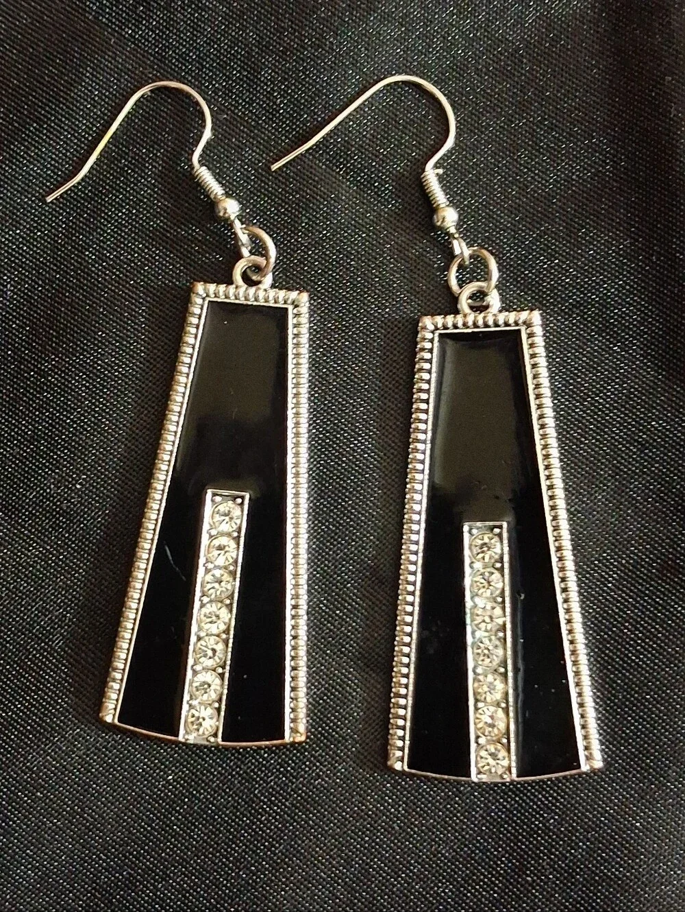 Black Enamel and Crystal Bar Drop Earrings